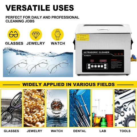 Pro Grade Straight Up Ultrasonic Cleaner With 6 Liter Digital Tank for cleaning glasses, jewelry, and lab tools.