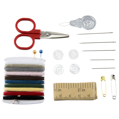 Travel Sewing Kit In Colorful Translucent Case With 10 Colored Threads, 25 Inch Tape Measure, Needles And Quick Fix Gear