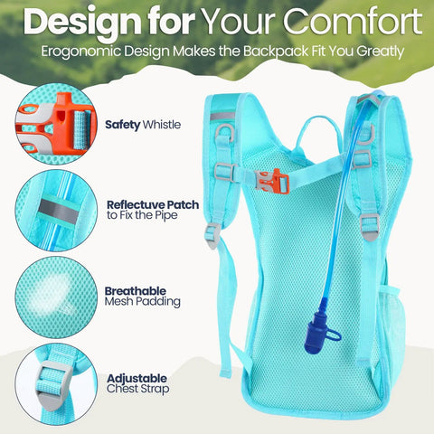3 Piece Kids Hydration Backpack Set with a One and a Half Liter Water Bladder featuring ergonomic mesh design
