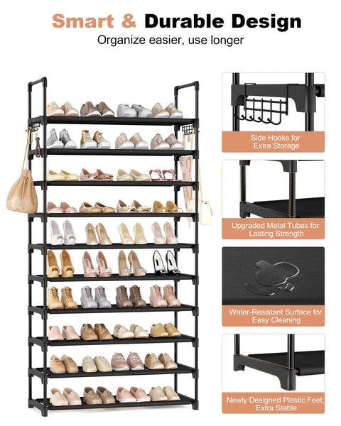 Heavy Duty 10 Tier Shoe Rack With 10 Coat Hooks, Sturdy Vertical Shoe Organizer For Home Entryway, Level Up Your Sneaker Game In Matte Black Today