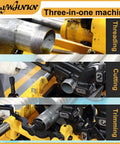 Heavy Duty Electric Pipe Threader Cutter Machine That Makes Short Work Of Steel Copper And Galvanized Pipe Up To 3 Inches With NPT BSPT Dies For Plumbing No Sweat showing threading, cutting, and trimming process.