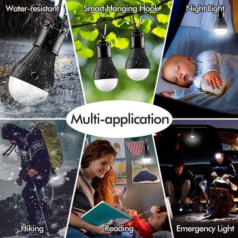 Palm Sized Portable LED Tent Light With Hanging Hook Emergency Lantern For Camping Hiking Backpacking Fishing And Power Outages Multicolor Glow 4 Pack Runs On 3 AAA Batteries Not Included showcased in various uses