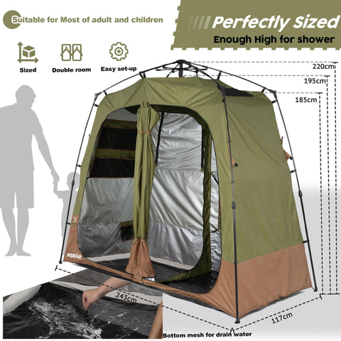 Portable Camping Shower Tent Deluxe Privacy Shelter With Two Rooms And Floor Drain Pop Up No Tool Setup For Beach Camp Hiking