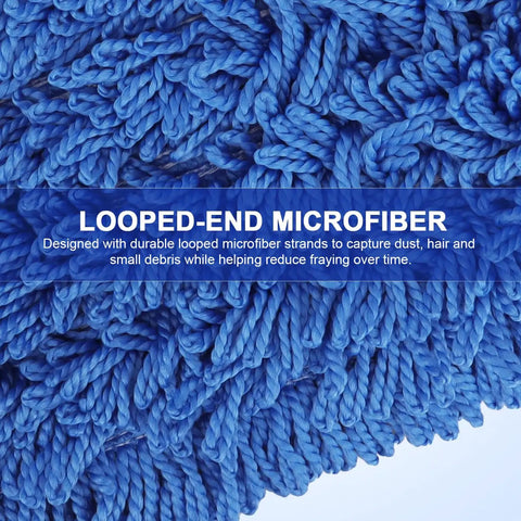 Premium 36 Inch Microfiber Dust Mop Head Replacement Medium Washable Commercial Dry Dust Mop Pad That Kicks Debris Away No Sweat Easy Mount Push Broom Refill For Smooth Janitorial Cleanup On Any Floor Surface showing looped-end blue microfiber strands for effective dust capture.