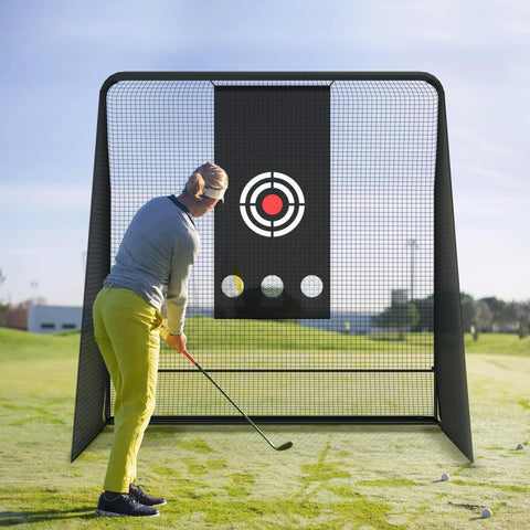 Golfer practicing with 10x10 Golf Hitting Net With Side Barriers And Ball Return System For Indoor Practice on grass field.