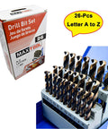 26 Piece Twist Drill Bit Set HSS M2 High Speed Steel Jobber Length Fully Ground For Metal Wood Plastic Includes A To Z Letter Bits