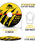 3 Inch Cut Off Wheel Kit With One Quarter Inch Mounting Mandrel And Three Eighths Inch Arbor showing dimensions and thickness
