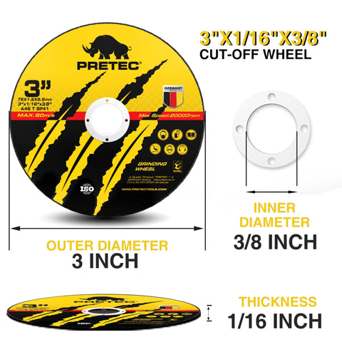 3 Inch Cut Off Wheel Kit With One Quarter Inch Mounting Mandrel And Three Eighths Inch Arbor showing dimensions and thickness