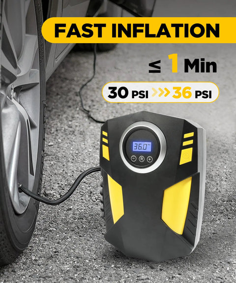 Heavy Duty Portable Air Compressor For Daily Drivers With Crisp Digital Pressure Gauge And Auto Shutoff Plus Bright Emergency Led Light Plug And Play Car Tire Pump No Sweat Fast Inflate Kit on a tire showing digital gauge.