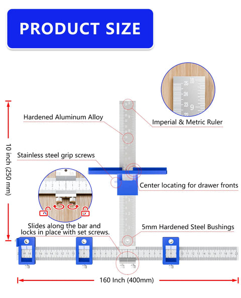 Heavy Duty Cabinet Hardware Jig And Pull Handle Template Featuring Exact Imperial Metric Readouts And Integrated Center Punch for precise drawer front alignment.