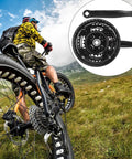 Cyclist on trail with 24-34-42T Square Taper Bike Crankset with 170mm arm, black, in focus inset image.
