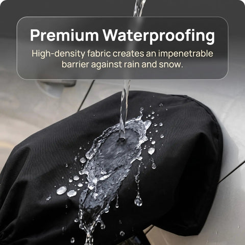 Drop In Ready Magnetic EV Charger Port Cover demonstrating premium waterproofing with water beads on high-density fabric.