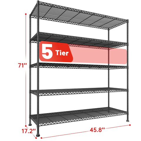 Five Tier Heavy Duty Wire Storage Shelves For Garage, Space Saving Unit With 1000 Lbs Capacity, Wide 45.8 Inch Shelving Rack, Easy Move Through Doorways, Sturdy Metal Garage Organizer For Tools, Supplies, And More, black 5-tier wire shelf 71x45.8x17.2