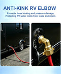 Brass 90 Degree Hose Elbow For RV And Garden Three Quarter Inch Leak Free Water Connector mounted on RV inlet with red hose