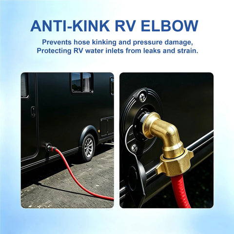 Brass 90 Degree Hose Elbow For RV And Garden Three Quarter Inch Leak Free Water Connector mounted on RV inlet with red hose