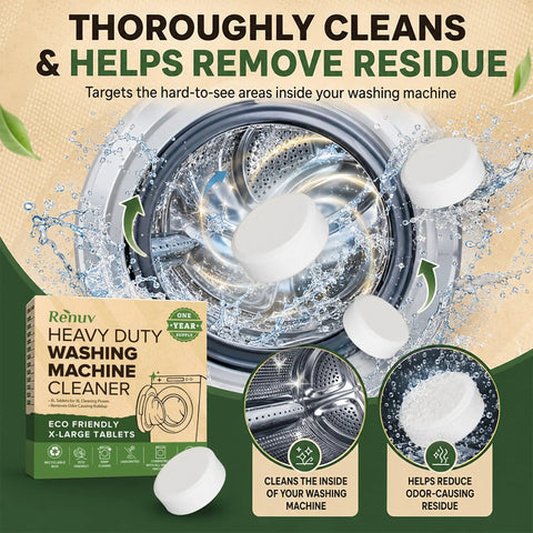 Heavy Duty Washing Machine Cleaner And Descaler With Ultra Thick Time Release Formula Fast Dissolving Effervescent Action For Front Load Or Top Loader No Sweat Deep Clean Pro Grade Extra Large Mega Tabs in a washing machine.