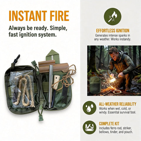 Go To Fire Starter Kit For Hiking And Camping With Magnesium Rod Ferro Rod And Steel Striker displayed with accessories.