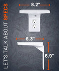 Dimensions of Ultra Wide Outlet Shelf With Built In Cord Storage Delivers Huge Space For Bulky Plugs And Big Devices Like Smart Speakers And Routers, Next Gen Design For Standard And Decora Outlets, Holds Up To 5 Lbs, Quick Install With Included Hardware shown