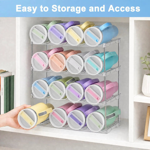 Cabinet Water Bottle Organizer With Large Compartments holding colorful 40oz bottles, stackable tumbler holder for easy storage