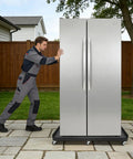 Man pushing fridge on Rock Solid 2000 Lbs Moving Dolly With Six Brake Wheels, Telescoping Heavy Duty Furniture Mover.