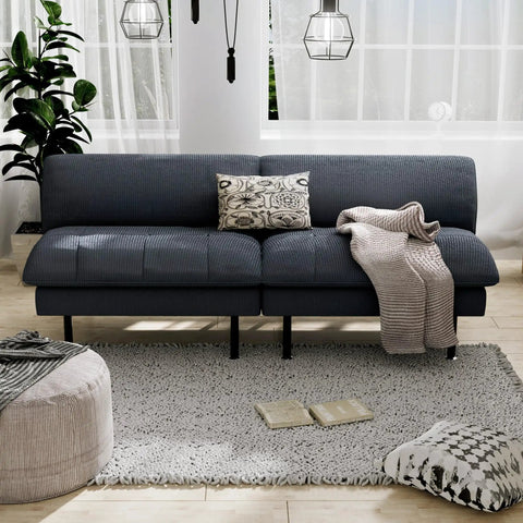 70 Inch Futon Sofa Bed With Adjustable Backrest 4 In 1 Convertible Couch Sleeper in a living room setting, modern grey.