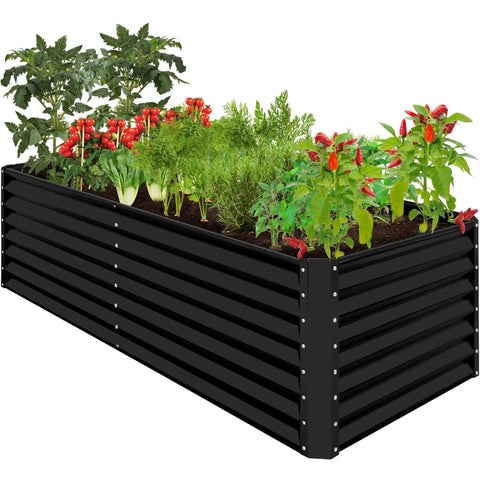 Outdoor Metal Raised Garden Bed 8 By 4 By 2 Ft Deep Root Planter For Vegetables Herbs And Flowers 478 Gallon Capacity Non Toxic Materials Heavy Duty Black filled with plants