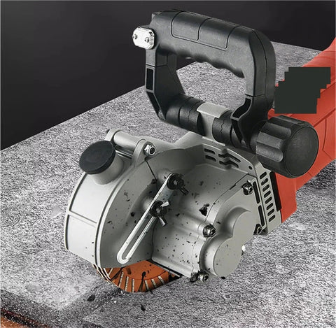 Close-up of Professional Heavy Duty Electric Wall Chaser Slotting Machine with Dust Free Circular Saw design cutting concrete