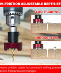 Kick Up Precision Carbide Countersink Drill Bit With Free Spin Depth Stop, showing adjustable depth stop for flush and hidden screws.