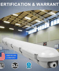 Vapor Tight LED Shop Light Four Foot All In One 40/50/60W Selectable, 3 CCT, displayed in indoor setting, IP66 Waterproof.