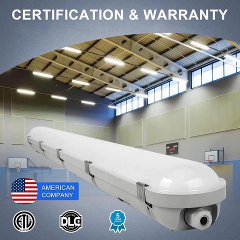 Vapor Tight LED Shop Light Four Foot All In One 40/50/60W Selectable, 3 CCT, displayed in indoor setting, IP66 Waterproof.