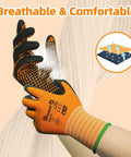 Nitrile Coated Safety Work Gloves With MicroFoam Palm And MicroDot Grip For Tough Jobs 3 6 12 Pairs ANSI Level 6 Abrasion Resistant Gardening Gloves Touchscreen Compatible General A1 Cut Resistant Size L in use showing breathable design.
