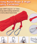 Double Sided 1320Lbs Neodymium Fishing Magnet Kit With 100 Ft Rope Includes Gloves Thread Locker Grappling Hook Carrying Bag And Locking Carabiners For Treasure Hunting And Metal Detecting, showing red nylon rope and locking carabiners.