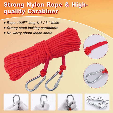 Double Sided 1320Lbs Neodymium Fishing Magnet Kit With 100 Ft Rope Includes Gloves Thread Locker Grappling Hook Carrying Bag And Locking Carabiners For Treasure Hunting And Metal Detecting, showing red nylon rope and locking carabiners.