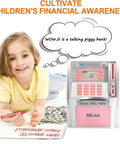 Child with ATM Piggy Bank For Kids Kid Friendly With Talking Debit Card And Digital Coin Counter Real Money Counting