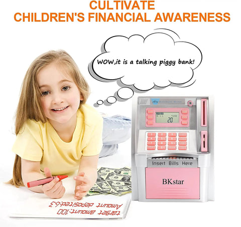 Child with ATM Piggy Bank For Kids Kid Friendly With Talking Debit Card And Digital Coin Counter Real Money Counting