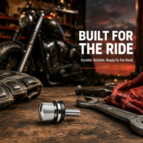 Heavy Duty 304 Stainless Motorcycle Seat Bolt Screw And Nut Kit with diamond knurling grip on wooden workbench.