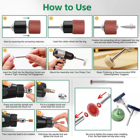 How to use the 185 Piece Wool Felt Polishing Kit For Rotary Tools, showing step-by-step assembly and operation instructions.