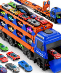 24 Die Cast Cars Included Transport Truck Toy For Kids Ages 3 To 7, big carrier truck with colorful cars, blue and orange design