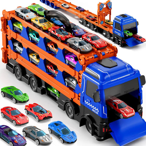 24 Die Cast Cars Included Transport Truck Toy For Kids Ages 3 To 7, big carrier truck with colorful cars, blue and orange design