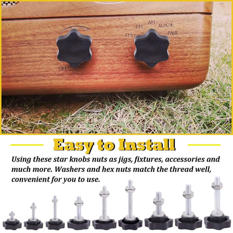 Top Shelf M4 M6 M8 Star Knob Assortment With 304 Stainless Steel Hex Nuts And Washers, easy grip black knobs on wood surface.