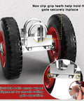 Heavy Duty Steel Gate Wheel With 8 Inch Rubber Rolling Carrier for driveway gates shown with grip teeth and adjustable bolts.