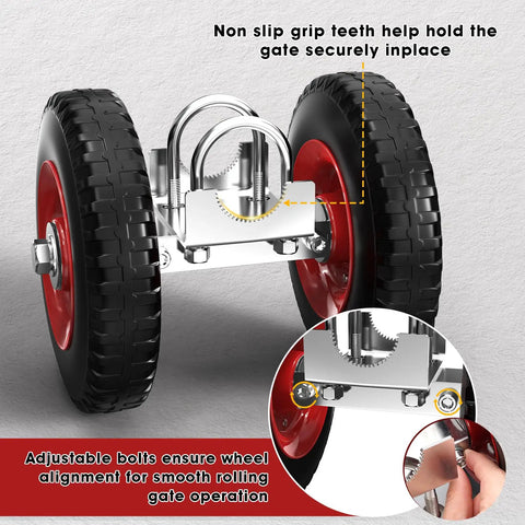 Heavy Duty Steel Gate Wheel With 8 Inch Rubber Rolling Carrier for driveway gates shown with grip teeth and adjustable bolts.