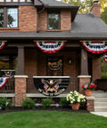 Brick house decorated with 250 Year Freedom Anniversary Patriotic Eagle Bunting Flag 1776 2026 Commemorative, 2 By 4 Feet on porch