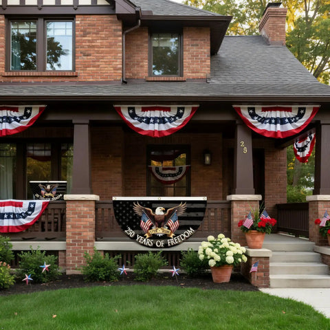 Brick house decorated with 250 Year Freedom Anniversary Patriotic Eagle Bunting Flag 1776 2026 Commemorative, 2 By 4 Feet on porch