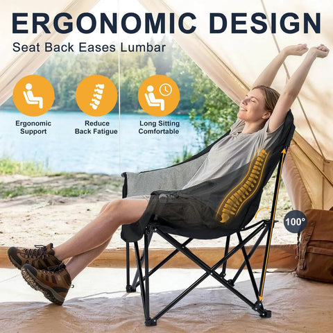 Person relaxing in ergonomic Oversized Camping Chair For Adults With Cup Holder And Side Pocket, supports up to 500 lbs, grey.