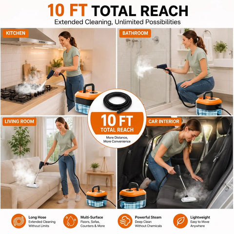 Jarguuo 1500W Handheld Steam Cleaner Boasts Rapid 15 Second Heat Up With 221 Degree High Temp Steam For Effortless Grease Removal Featuring Six Adjustable Settings And Etl Approval Making It The Ultimate Tough On Mess Cleaning Companion For Busy Homes in different settings including kitchen, bathroom, living room, and car interior.