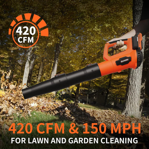 Orange cordless leaf blower in action, handling fall leaves, shows 420 CFM power for lawn care. Cordless Leaf Blower 21V With Dual 2.0Ah Batteries And Fast Charger Lightweight Battery Powered Blower For Yard Work Lawn Care Deck And Patio Cleanup Easy Start And Quick Recharges