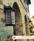 Farmhouse Outdoor Solar Wall Light Black Cast Aluminum Sconce Modern Coach Lantern on brick wall with note on sunlight requirement