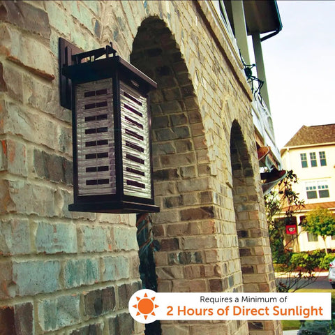Farmhouse Outdoor Solar Wall Light Black Cast Aluminum Sconce Modern Coach Lantern on brick wall with note on sunlight requirement