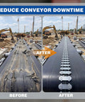 Beefed Up Heavy Duty Bolt Solid Steel Plate Fasteners Pack Pre Assembled Bottom Plates For Conveyor Belt Repair Kit Suitable For Industrial Conveyors Mining Quarry Cement Agriculture showing a before and after conveyor belt repair with fasteners installed on the right.